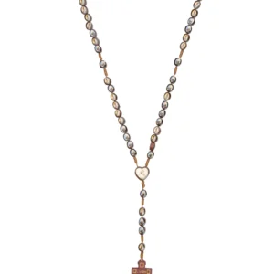 Chapelet perles hématite – centre cœur et croix rouge Lourdes