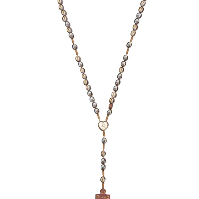 Chapelet perles hématite – centre cœur et croix rouge Lourdes
