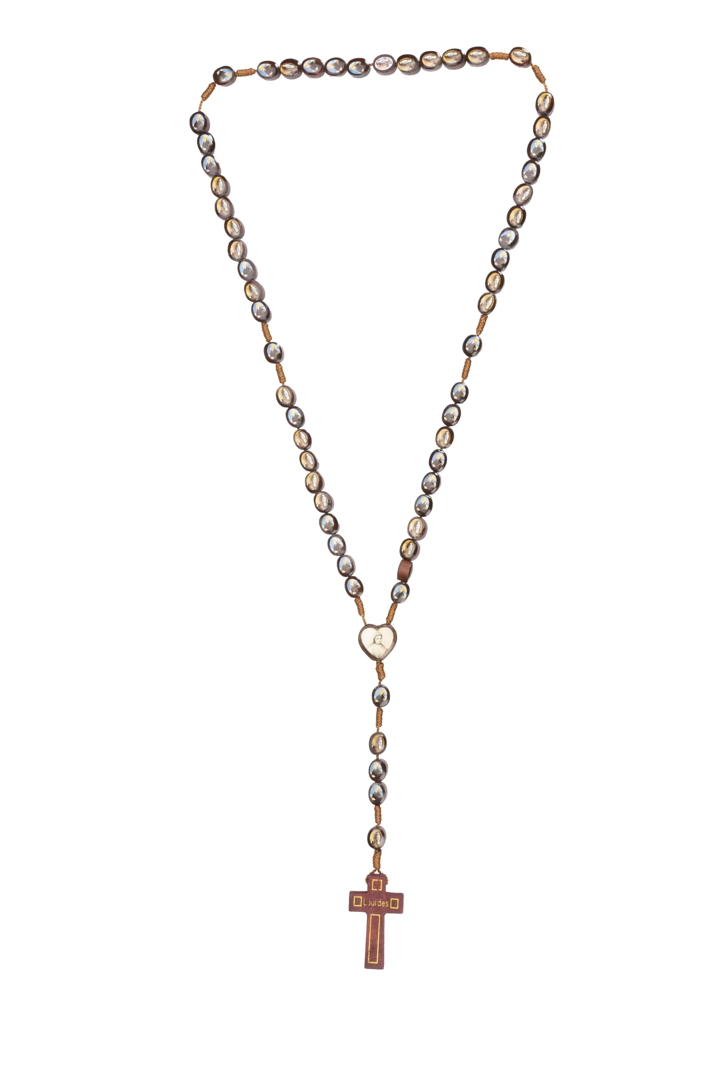 Chapelet perles hématite – centre cœur et croix rouge Lourdes