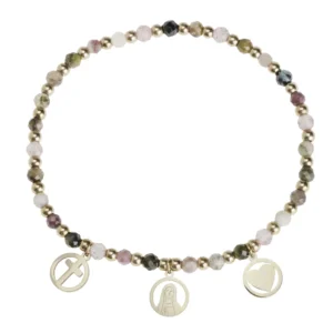 Bracelet perles multicolores Leo & Geo – Charms croix, cœur & Vierge Marie dorés rose