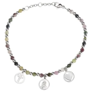 Bracelet perles multicolores Leo & Geo – Charms croix, cœur & Vierge Marie argentés