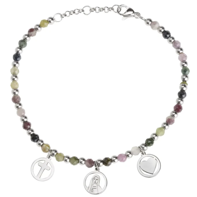 Bracelet perles multicolores Leo & Geo – Charms croix, cœur & Vierge Marie argentés