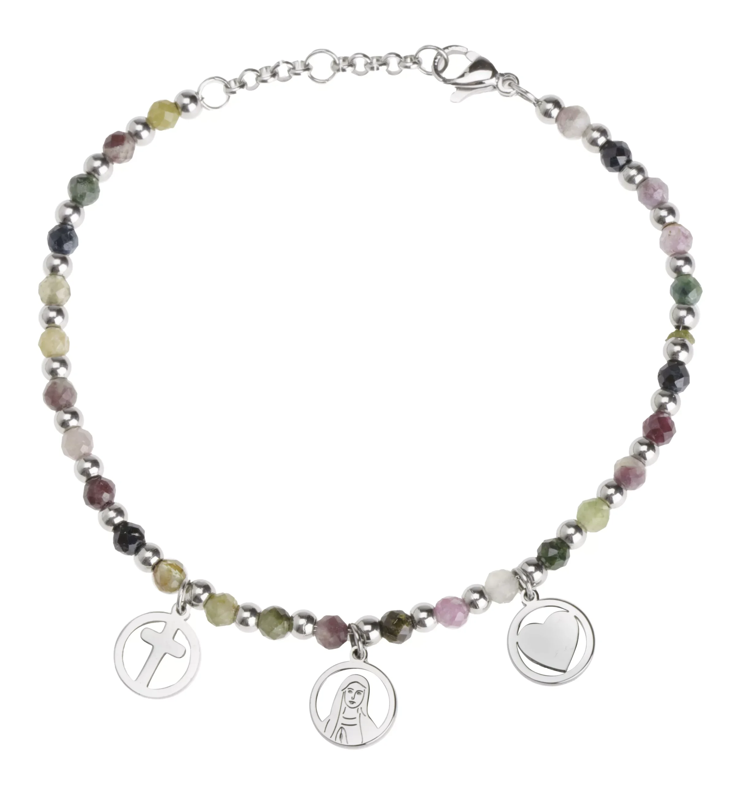 Bracelet perles multicolores Leo & Geo – Charms croix, cœur & Vierge Marie argentés