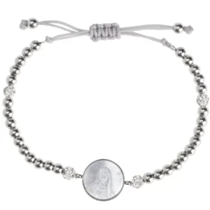 Bracelet cordon ajustable Leo & Geo – Perles argentées & médaille Vierge Marie nacrée