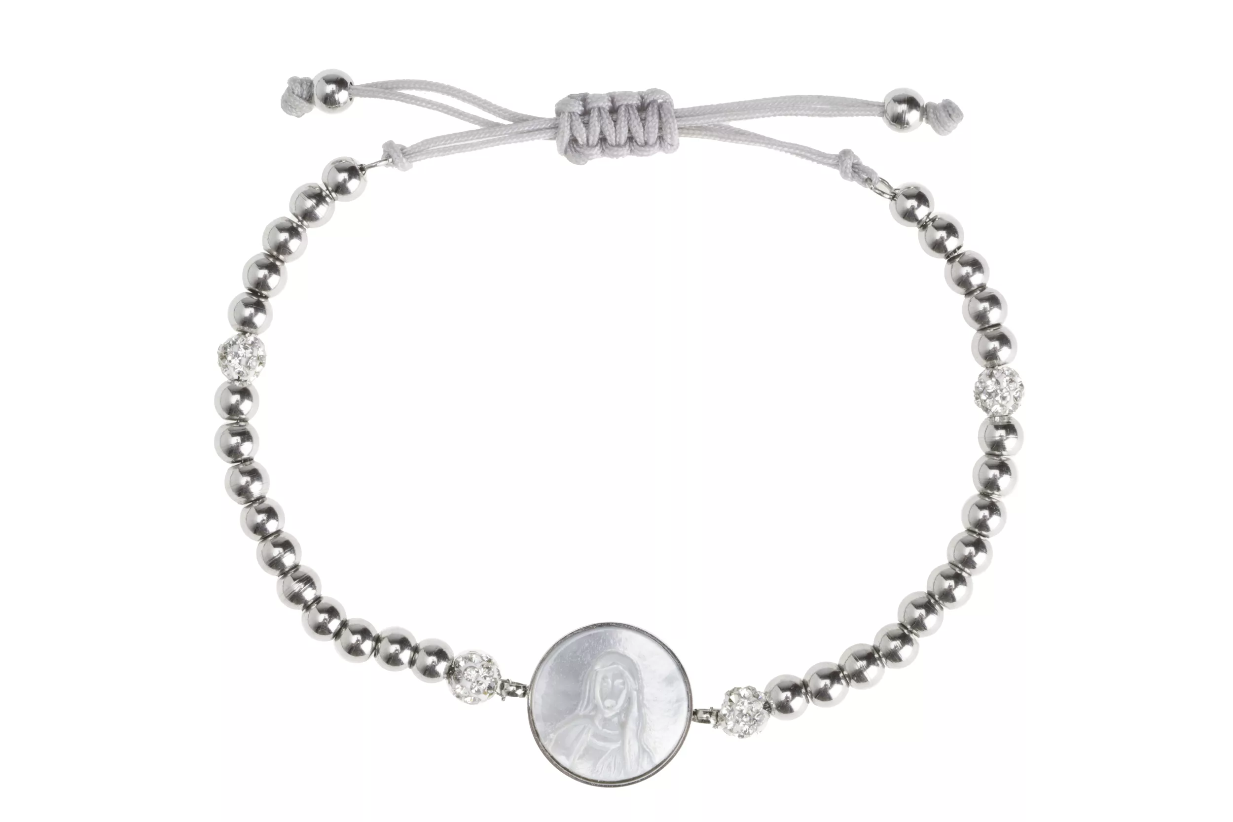 Bracelet cordon ajustable Leo & Geo – Perles argentées & médaille Vierge Marie nacrée