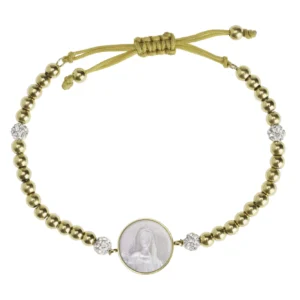Bracelet cordon ajustable Leo & Geo – Perles dorées & médaille Vierge Marie nacrée