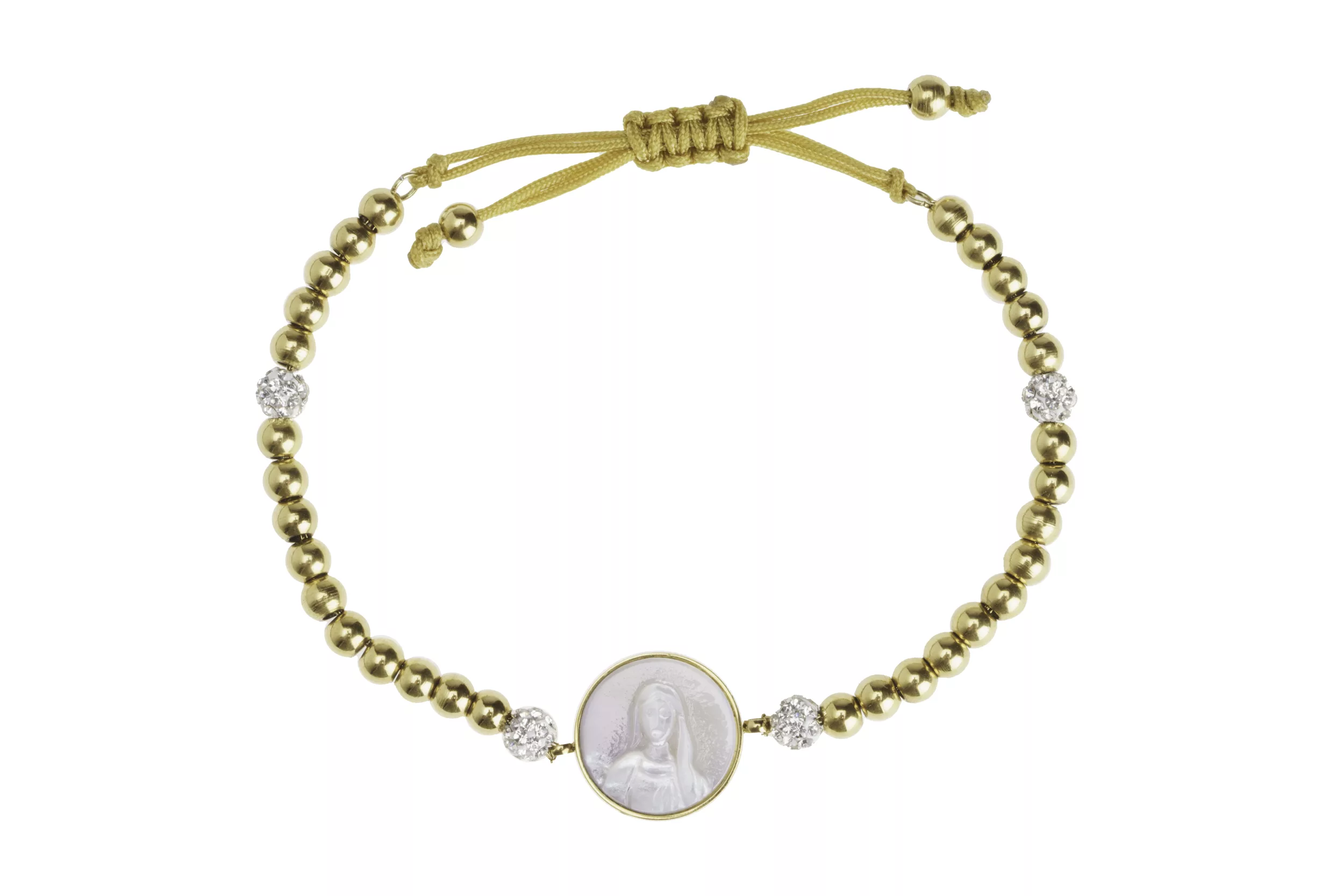 Bracelet cordon ajustable Leo & Geo – Perles dorées & médaille Vierge Marie nacrée
