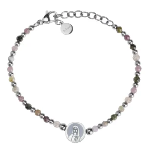 Bracelet Leo & Geo – Perles multicolores & médaille Vierge Marie acier