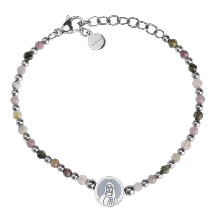Bracelet Leo & Geo – Perles multicolores & médaille Vierge Marie acier