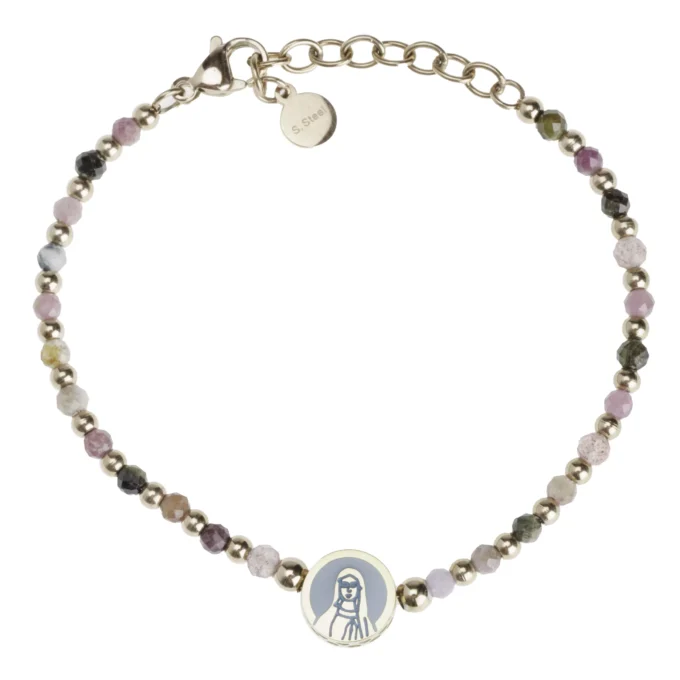 Bracelet Leo & Geo – Perles multicolores et dorées & médaille Vierge Marie acier