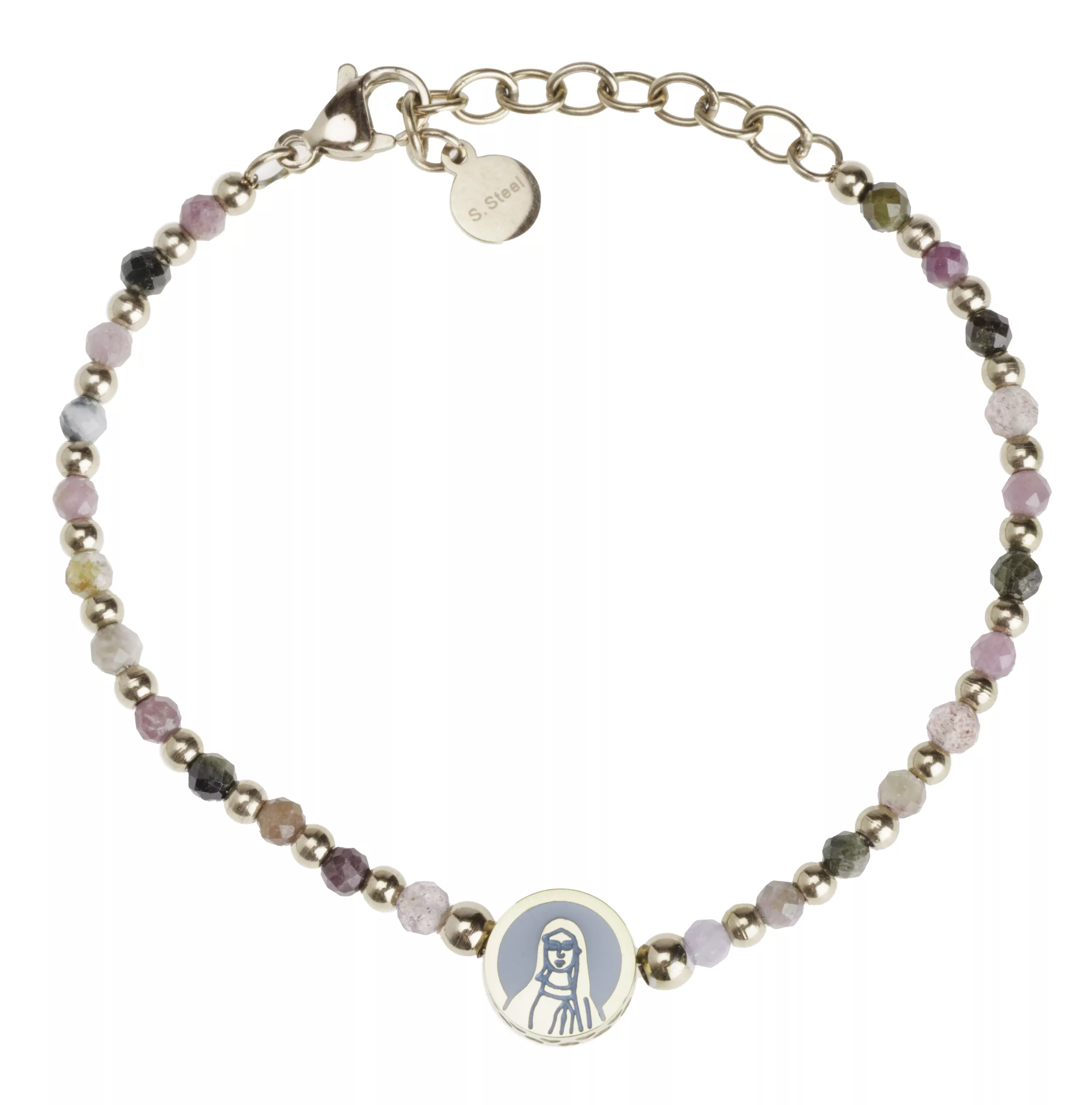 Bracelet Leo & Geo – Perles multicolores et dorées & médaille Vierge Marie acier