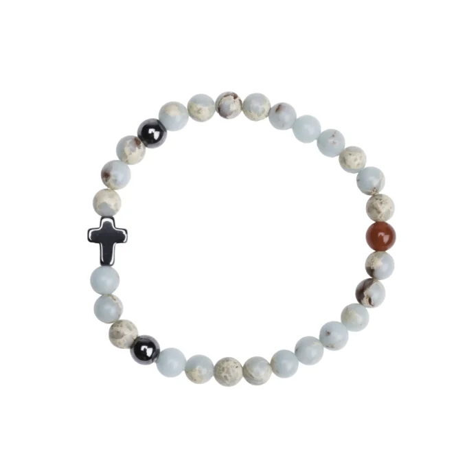 Bracelet pierres bleutées & croix hématite – Leo & Geo