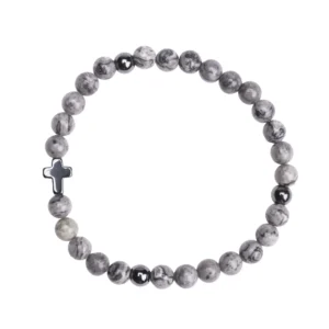 Bracelet jaspe gris & croix hématite – Leo & Geo