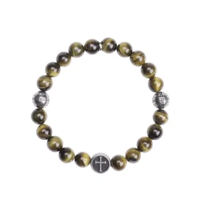 Bracelet œil-de-tigre vert & module croix – Leo & Geo