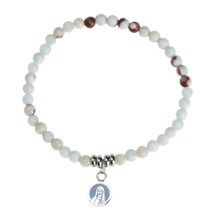 Bracelet perles blanches marbrées médaille Vierge – Leo & Geo
