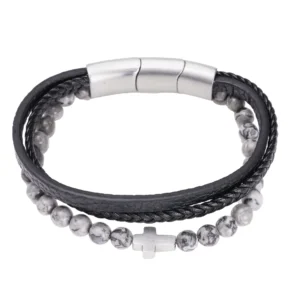 Bracelet multi-rangs cuir tressé & perles croix – Leo & Geo