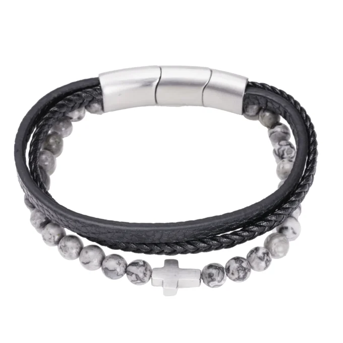 Bracelet multi-rangs cuir tressé & perles croix – Leo & Geo