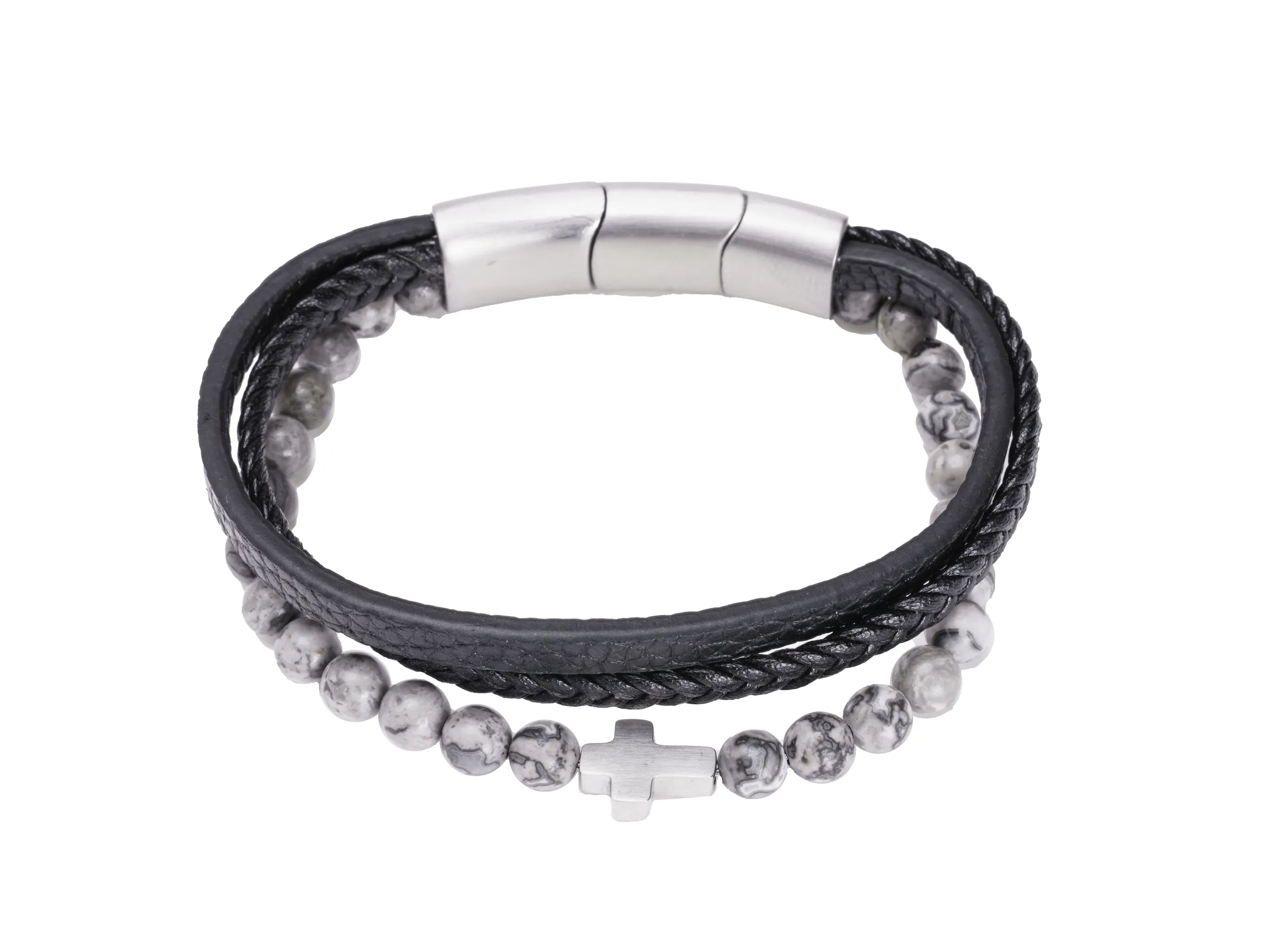 Bracelet multi-rangs cuir tressé & perles croix – Leo & Geo