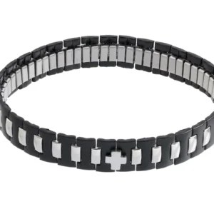 Bracelet extensible homme acier inoxydable noir et argent avec croix