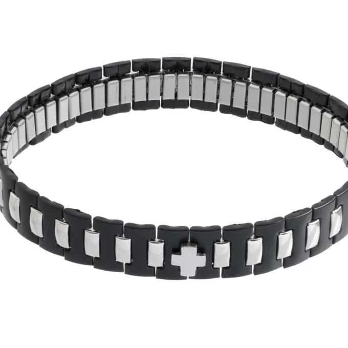 Bracelet extensible homme acier inoxydable noir et argent avec croix