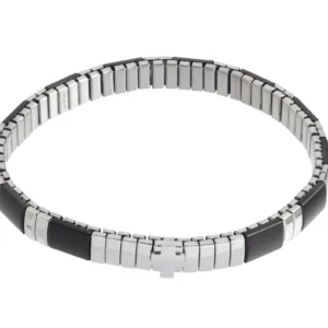 Bracelet extensible homme acier inoxydable noir et argent avec croix