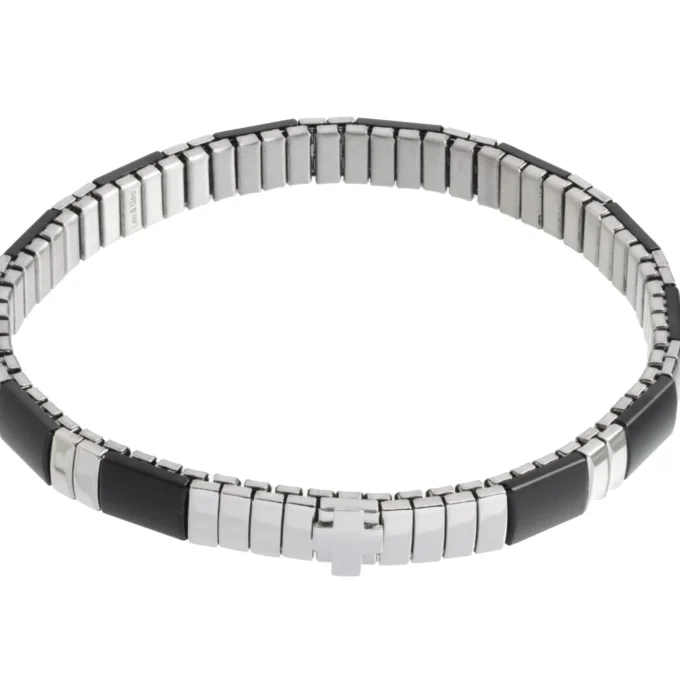 Bracelet extensible homme acier inoxydable noir et argent avec croix
