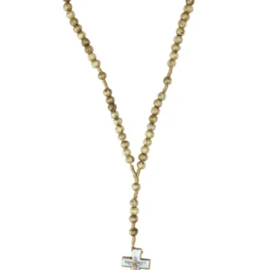 Chapelet bois clair – crucifix émaillé bleu de Lourdes