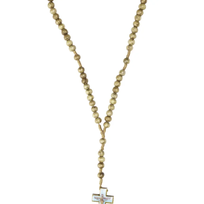 Chapelet bois clair – crucifix émaillé bleu de Lourdes