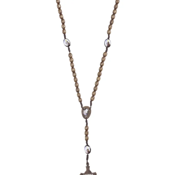 Chapelet Lourdes – perles bois et cabochons de la Vierge