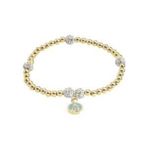 Bracelet billes dorées & boules cristal, médaille Vierge (bleu) – Leo & Geo