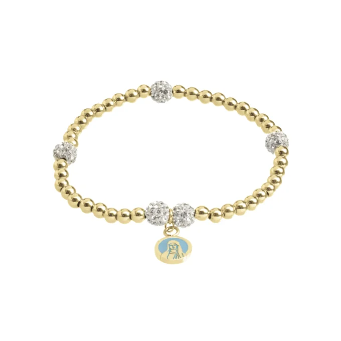 Bracelet billes dorées & boules cristal, médaille Vierge (bleu) – Leo & Geo