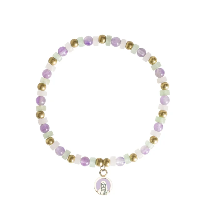 Bracelet fin perles lilas & doré – médaillon Vierge – Leo & Geo