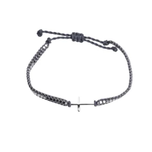 Bracelet cordon noir & perles métalliques – croix argentée – Leo & Geo