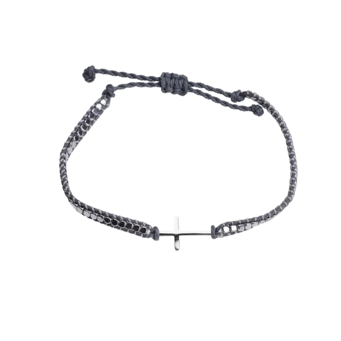 Bracelet cordon noir & perles métalliques – croix argentée – Leo & Geo
