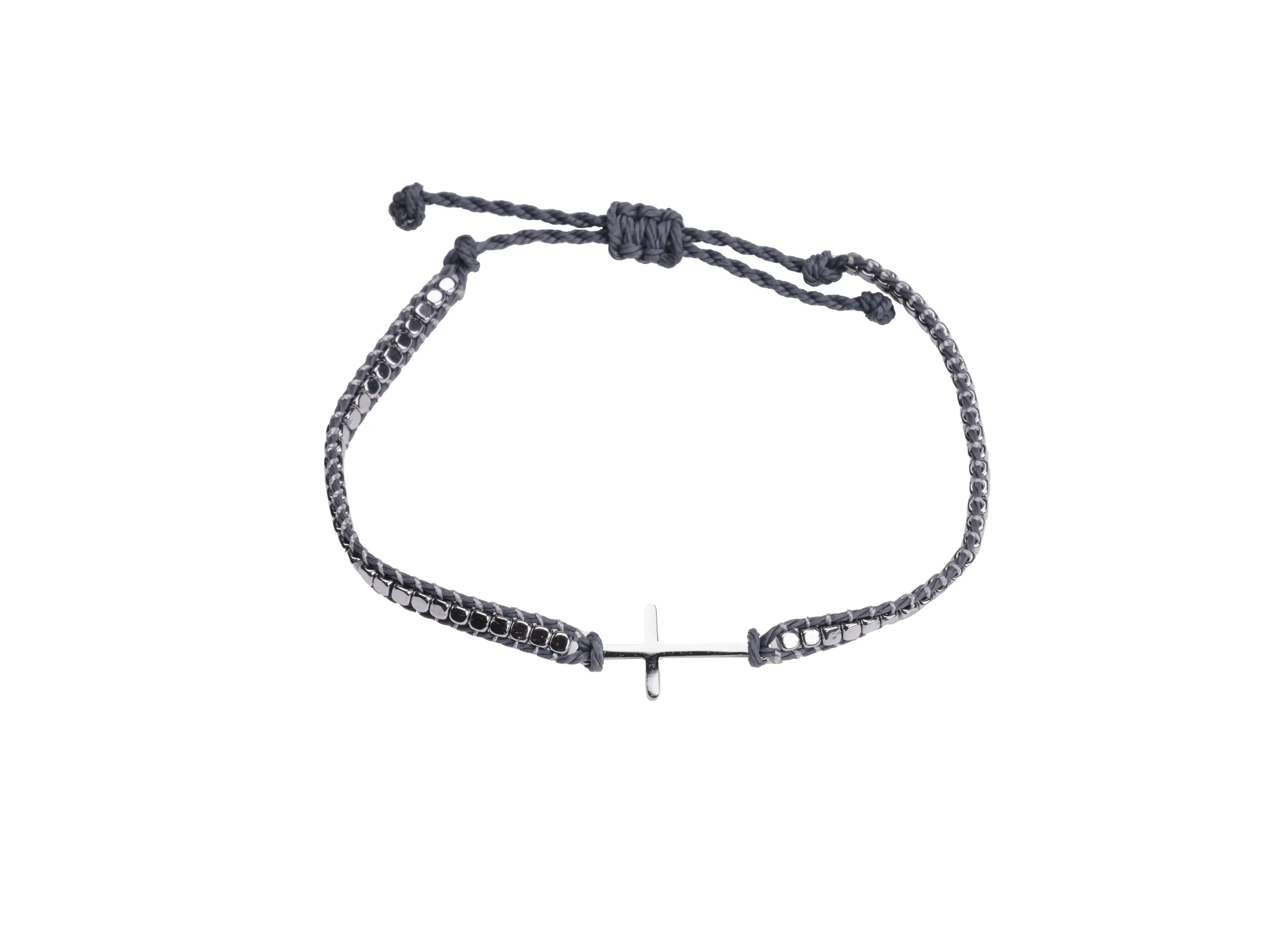 Bracelet cordon noir & perles métalliques – croix argentée – Leo & Geo