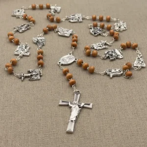 Chapelet de Dévotion du Chemin de Croix - Perles en Bois & Médailles des 14 Stations