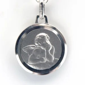 Médaille ronde Ange protecteur plaqué en Argent - 14 mm