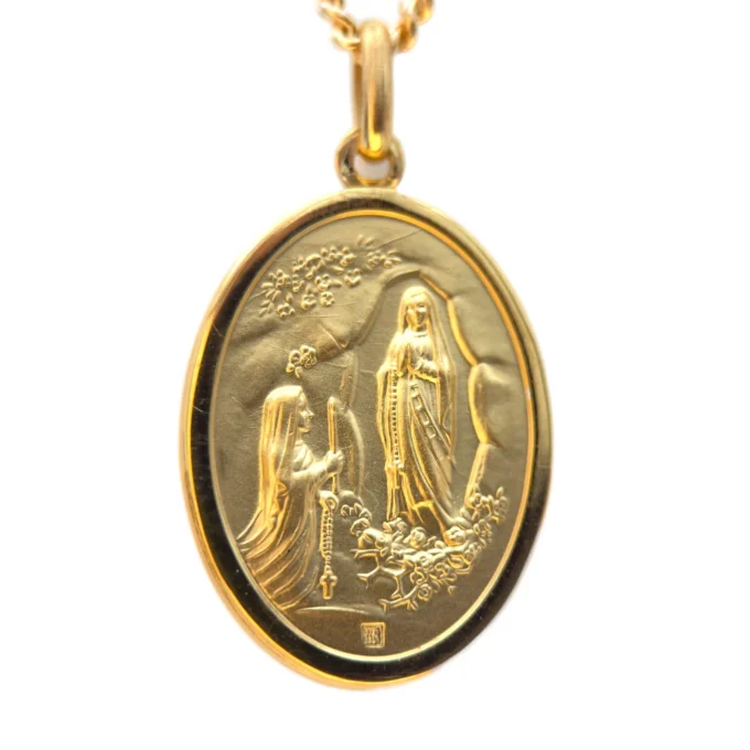 Médaille ovale double face Vierge de Lourdes en plaqué or