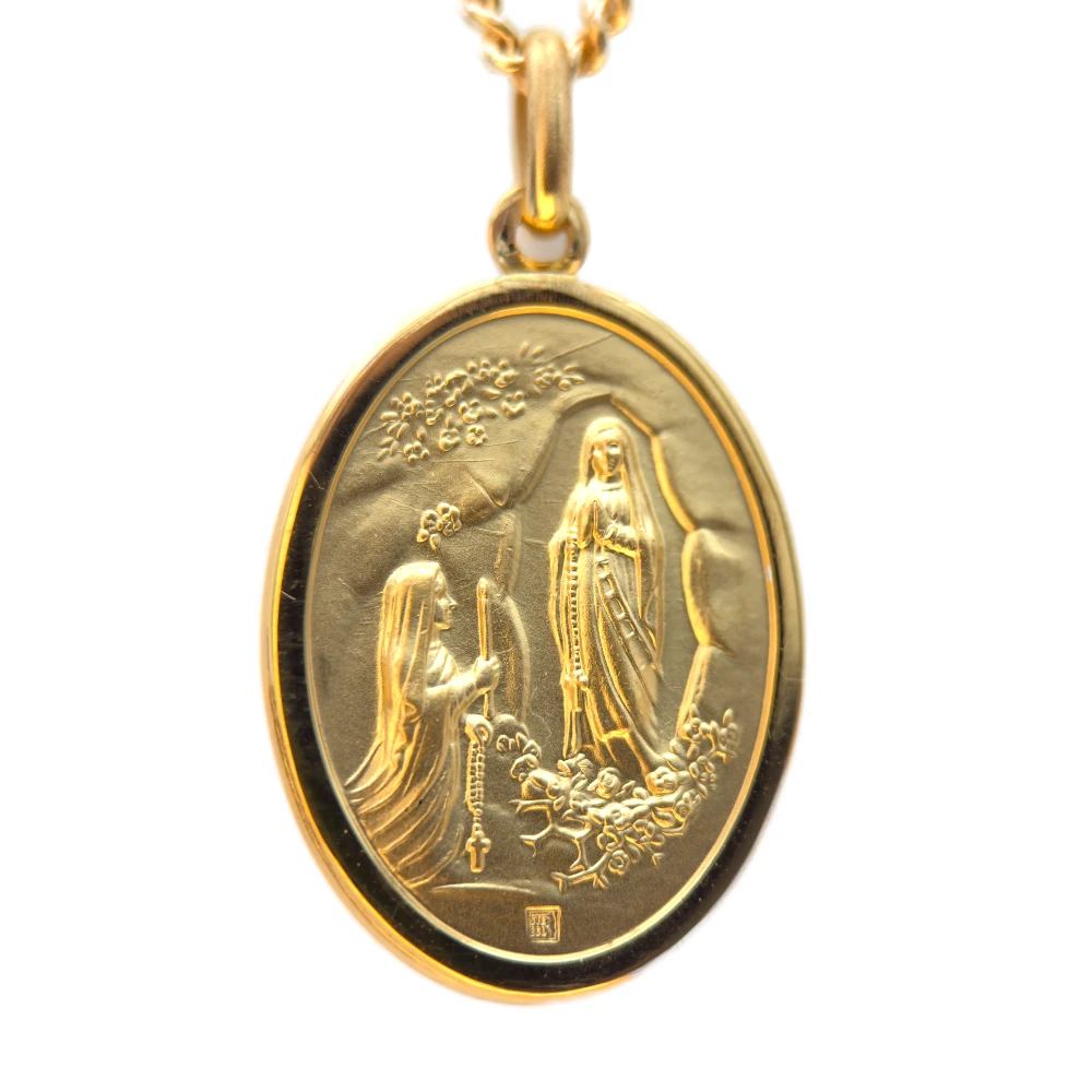 Médaille ovale double face Vierge de Lourdes en plaqué or