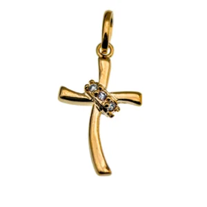 Croix stylisée plaqué or avec couronne sertie de pierres – pendentif religieux moderne