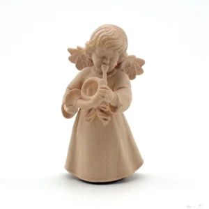 Statue ange au cor en bois naturel