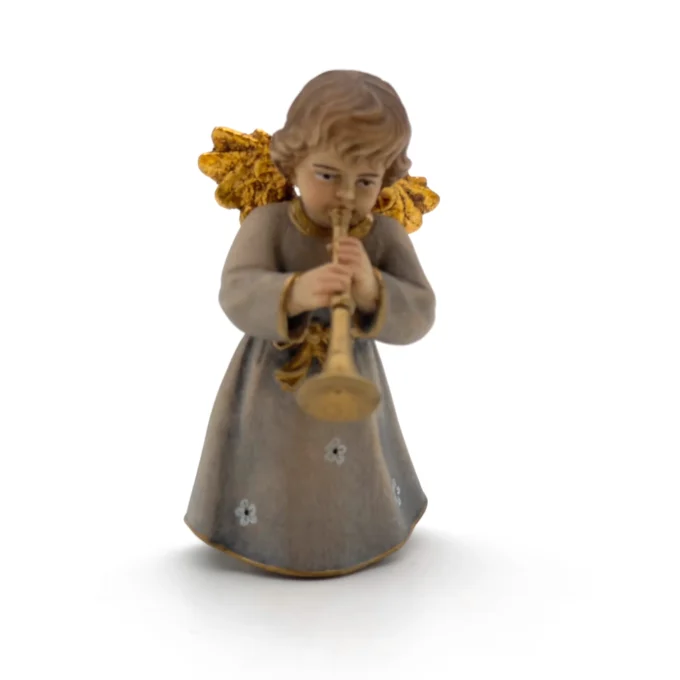 Statue ange à la flute en bois peint