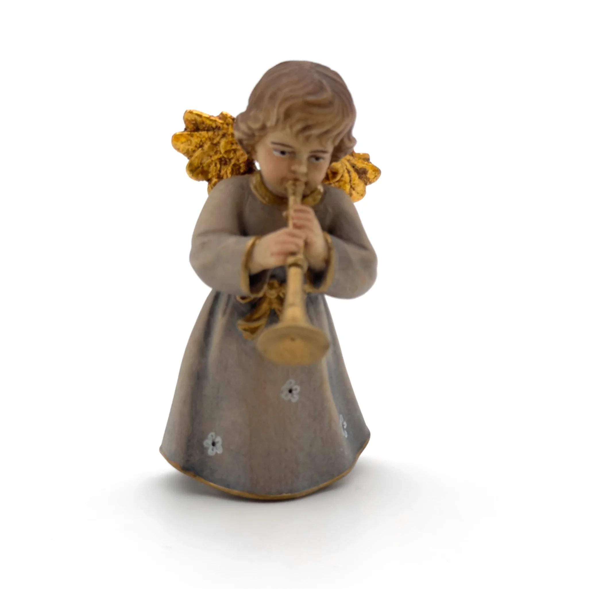 Statue ange à la flute en bois peint