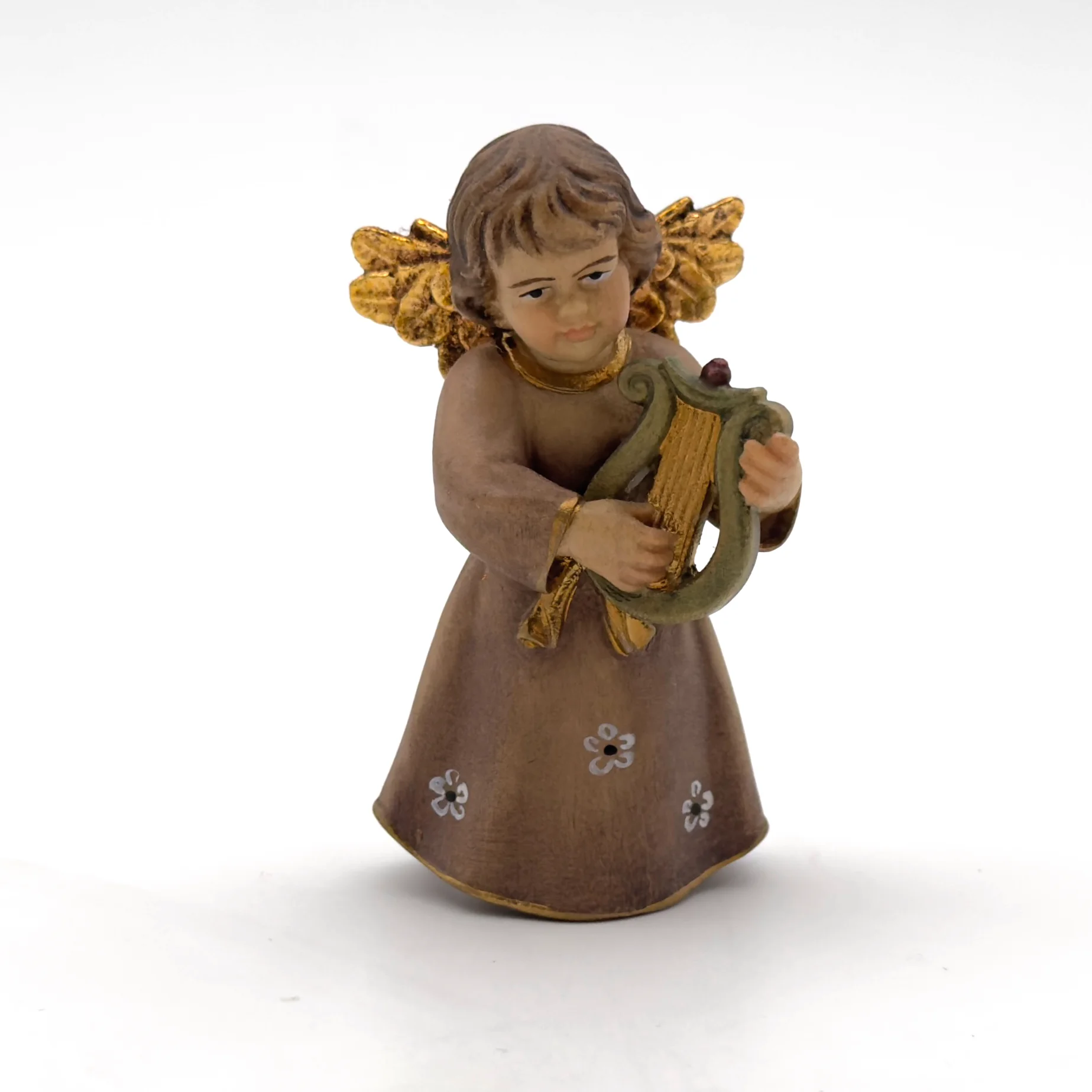 Statue ange à la harpe en bois peint