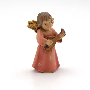 Statue ange à la mandoline en bois peint