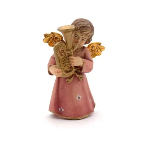 Statue ange au trombone en bois peint