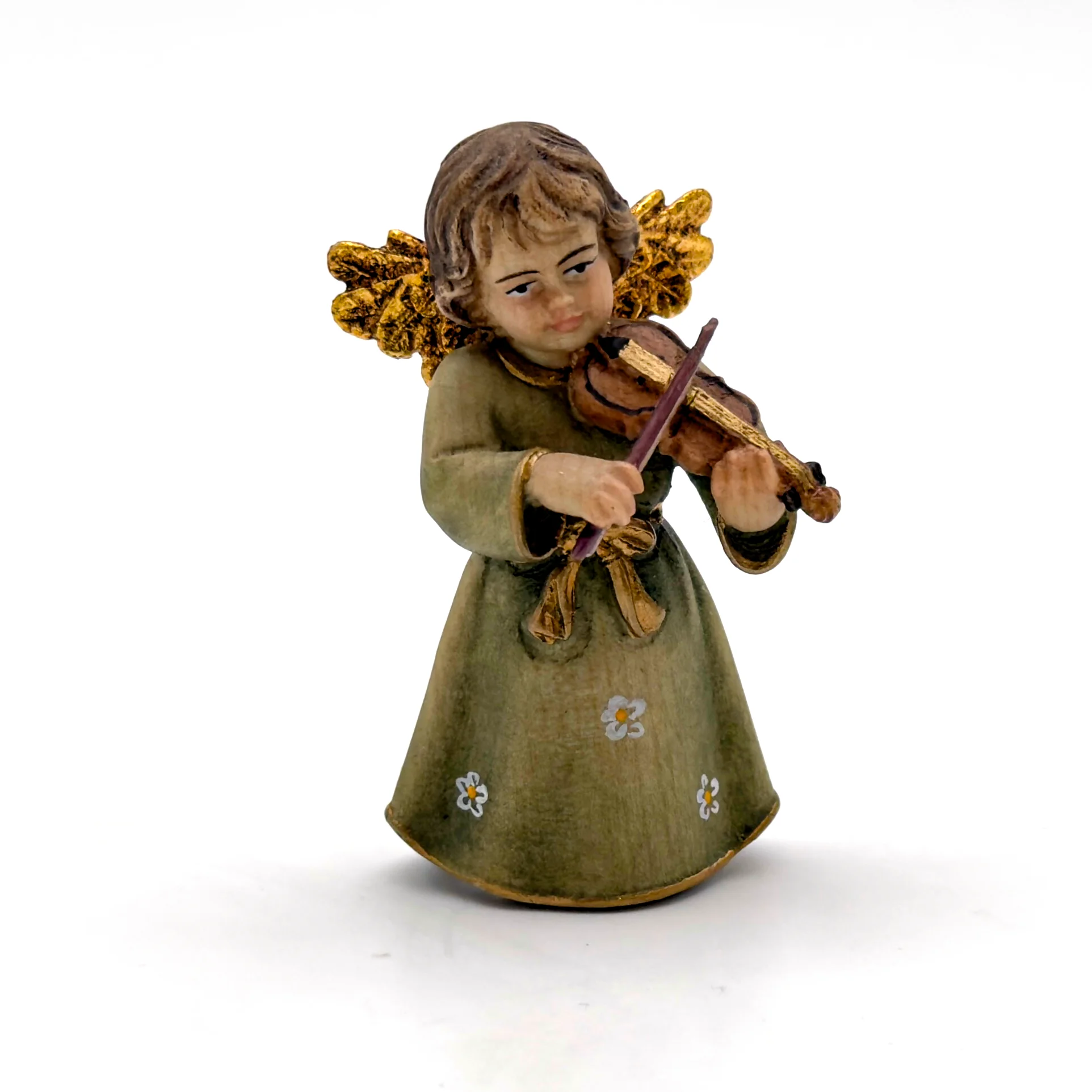 Statue ange au violon en bois peint