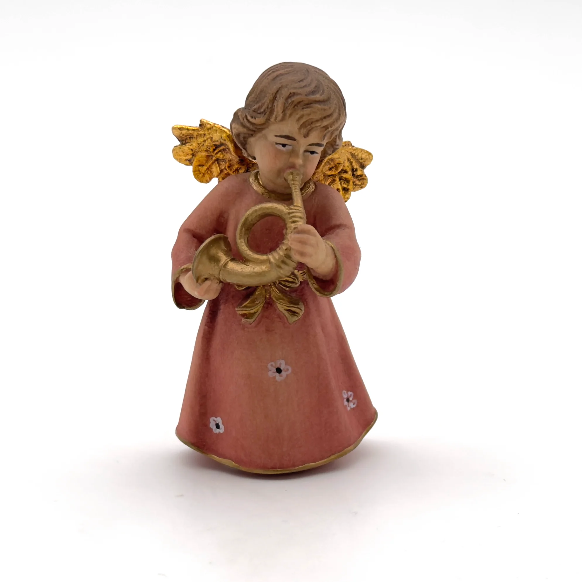 Statue ange au cor en bois peint