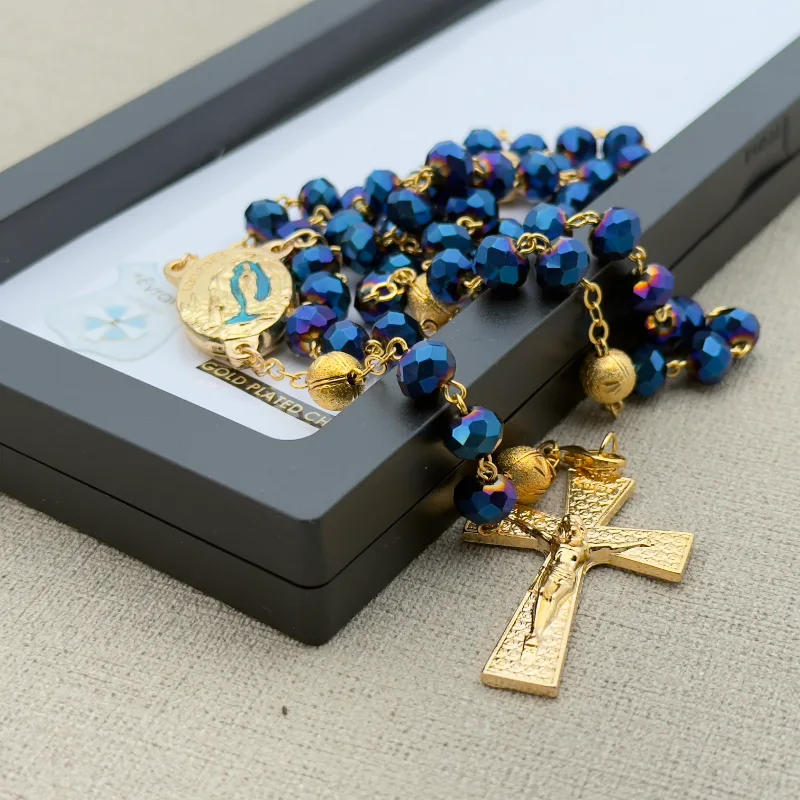 Chapelet de Lourdes bleu et dorée dans son coffret – Image 2