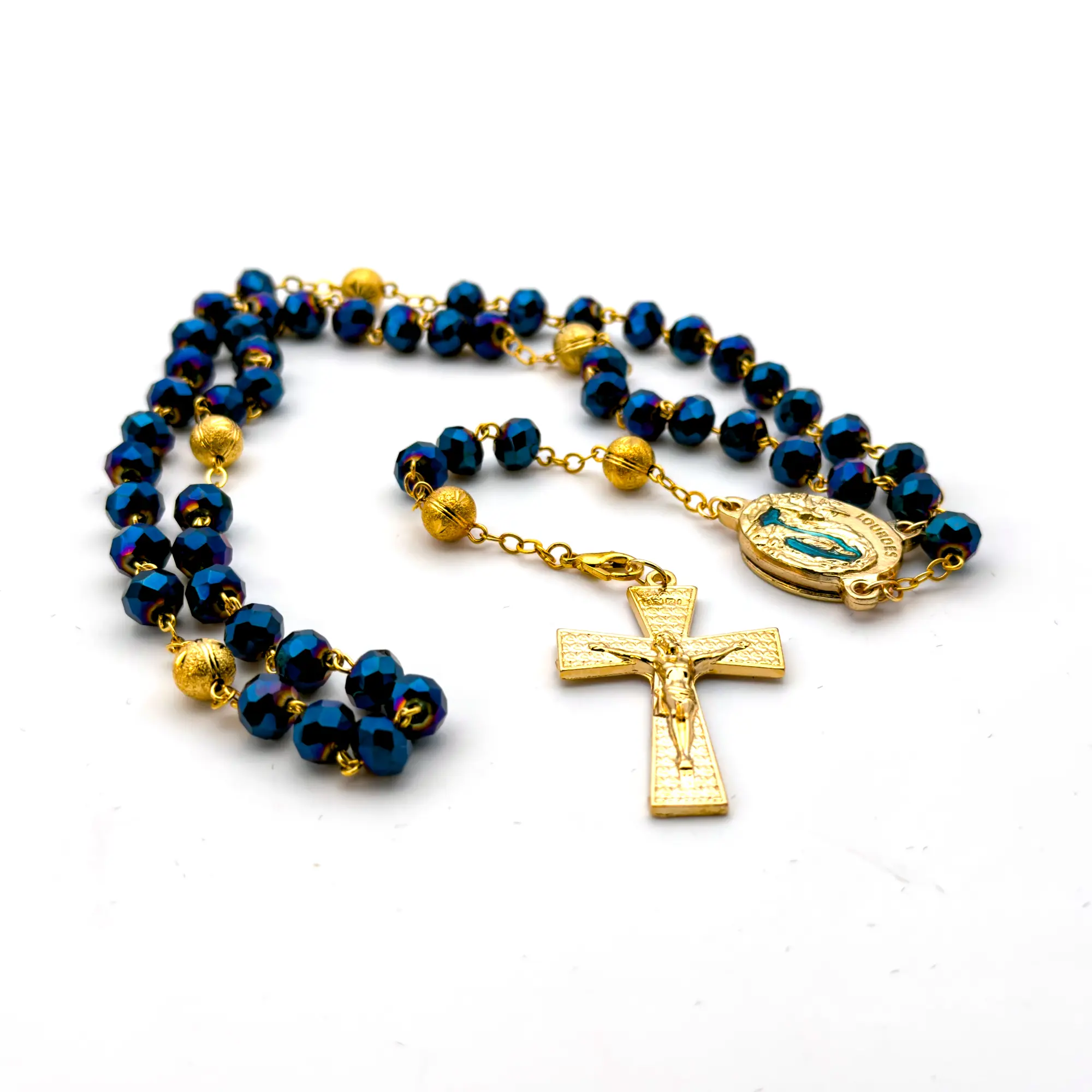 Chapelet de Lourdes bleu et dorée dans son coffret